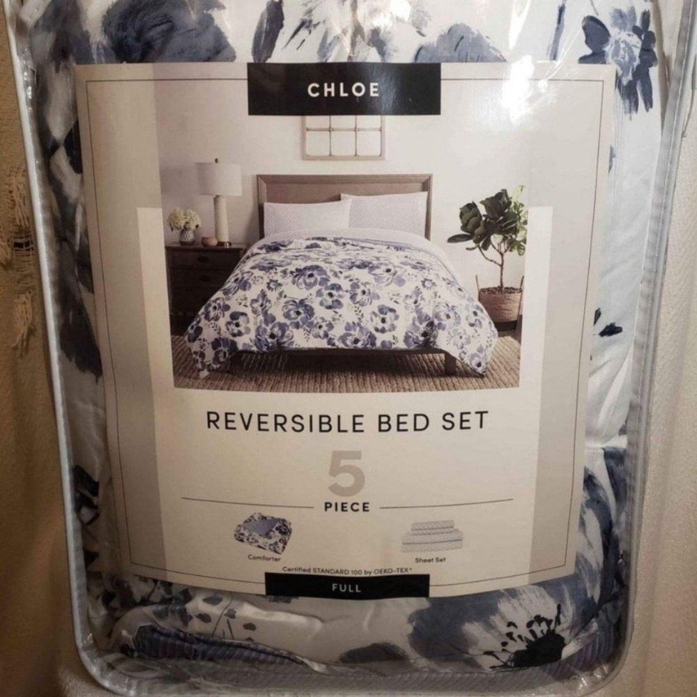 Chloe Blue and White Reversible Bed Set - 5 Piece
